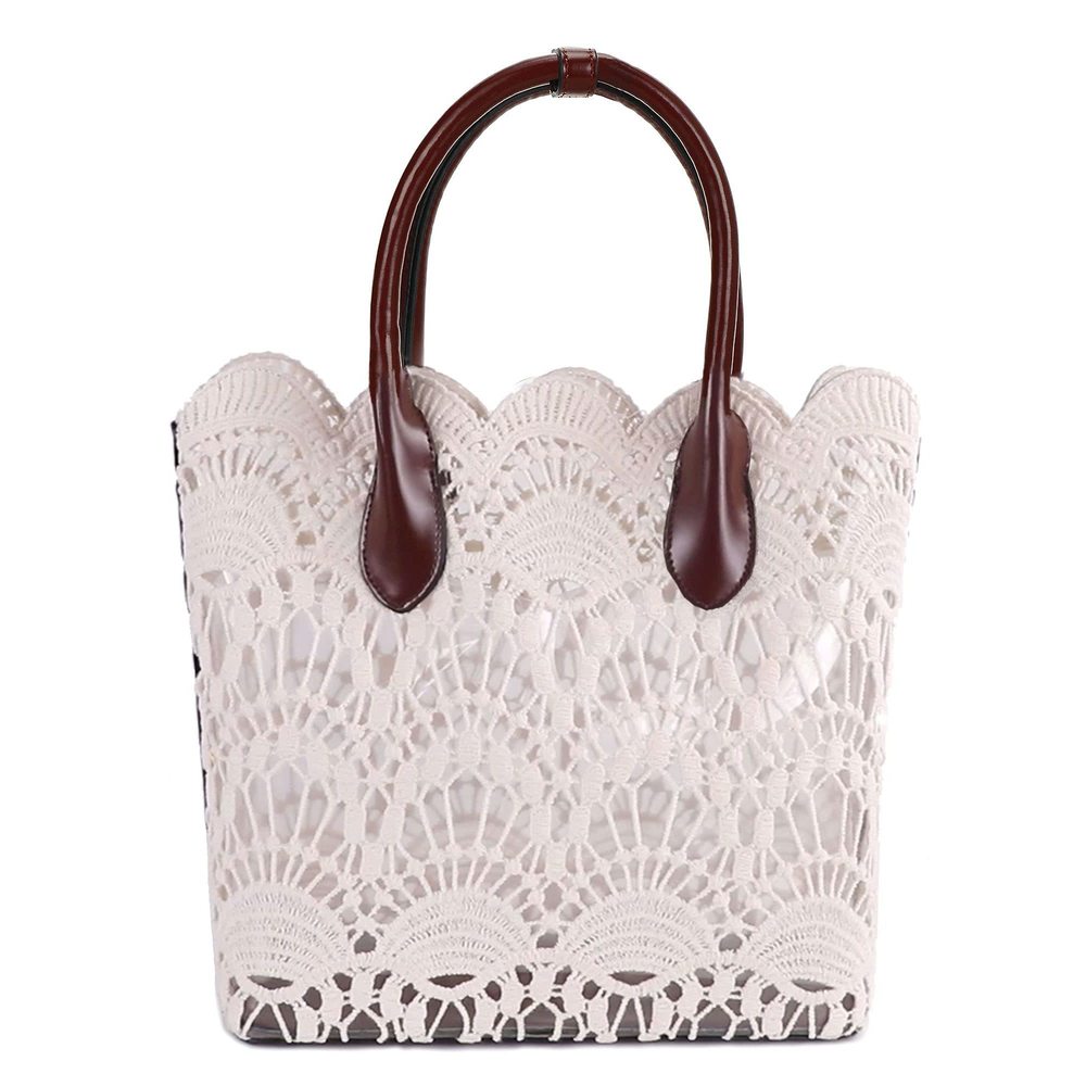 Lace Tote Vintage Solid Clear Bag Handbag With Off-White Cotton Lace c: